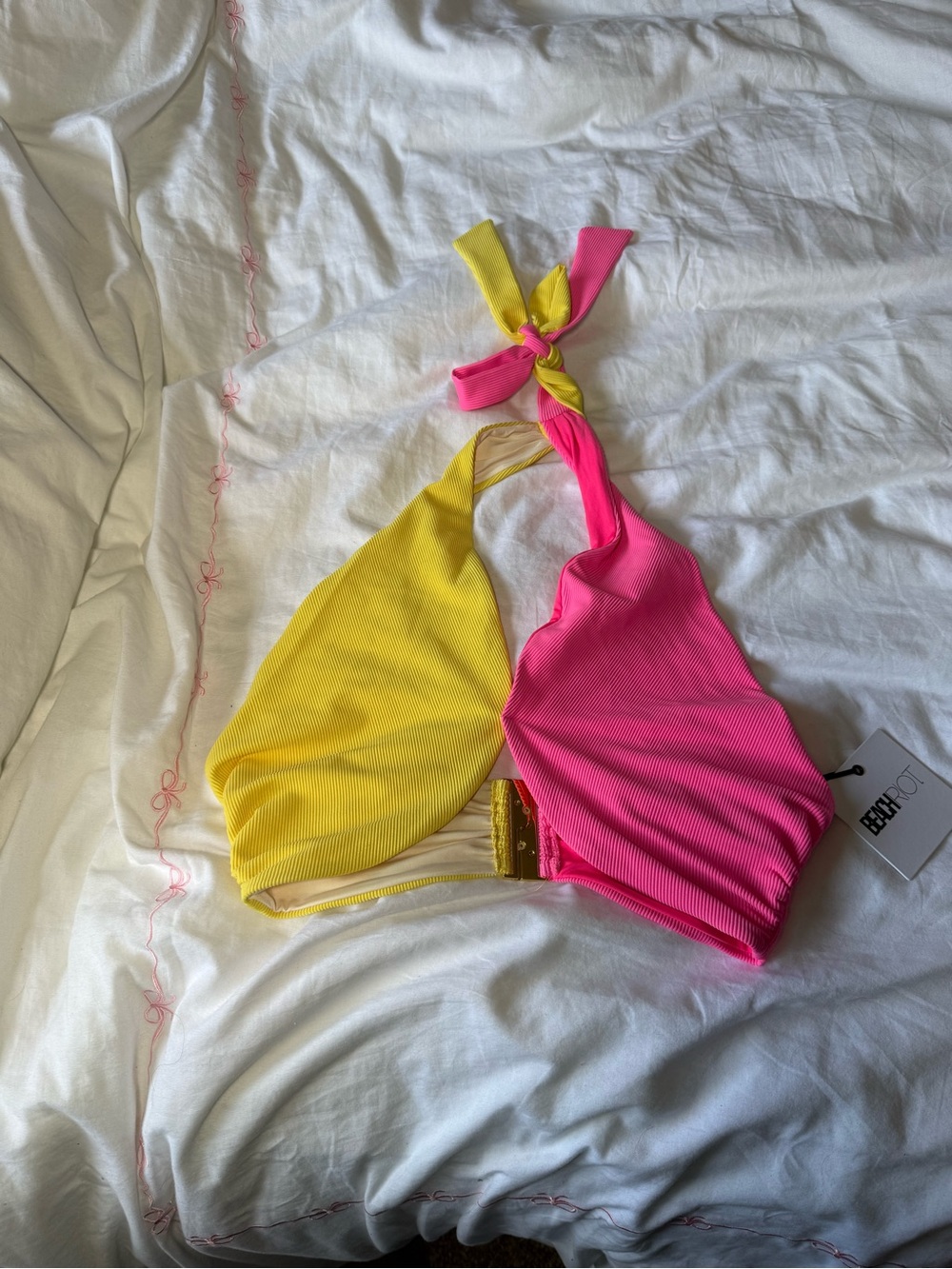 Beach Riot Yellow & Pink Ribbed Halter Bikini Top